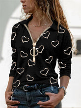 Load image into Gallery viewer, V-neck long-sleeved loose casual printed top with zipper lapel T-shirt
