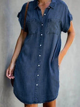 Load image into Gallery viewer, Plus Size Dresses Turn Down Collar Short Sleeve Denim Dress with Pockets
