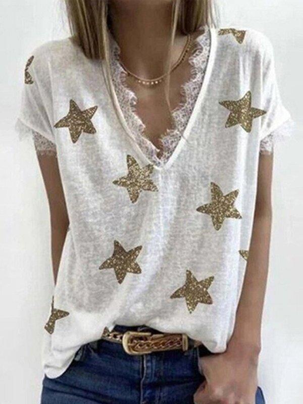 Fashion Printed Lace Short-Sleeved T-Shirt