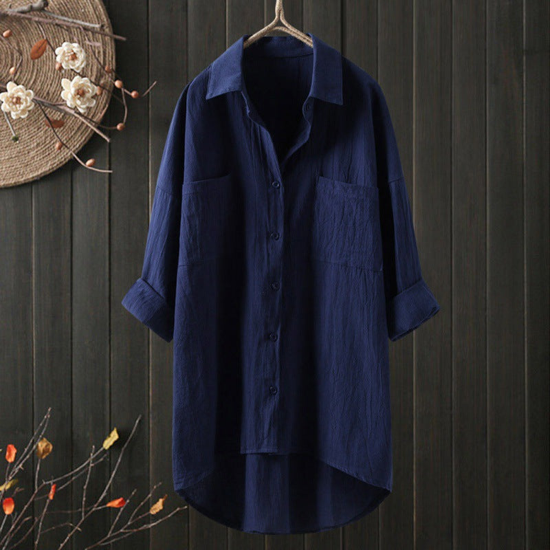 2021 New Temperament Solid Color Cotton Linen Shirt Loose Autumn Tops