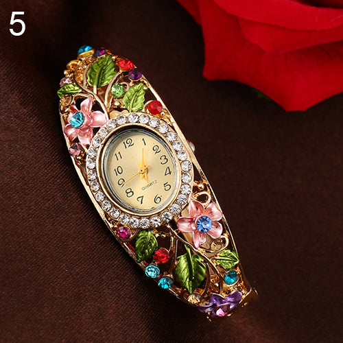 Crystal Flower Bangle Bracelet Gold Watch