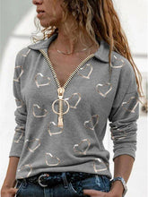 Load image into Gallery viewer, V-neck long-sleeved loose casual printed top with zipper lapel T-shirt
