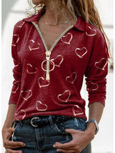 Load image into Gallery viewer, V-neck long-sleeved loose casual printed top with zipper lapel T-shirt
