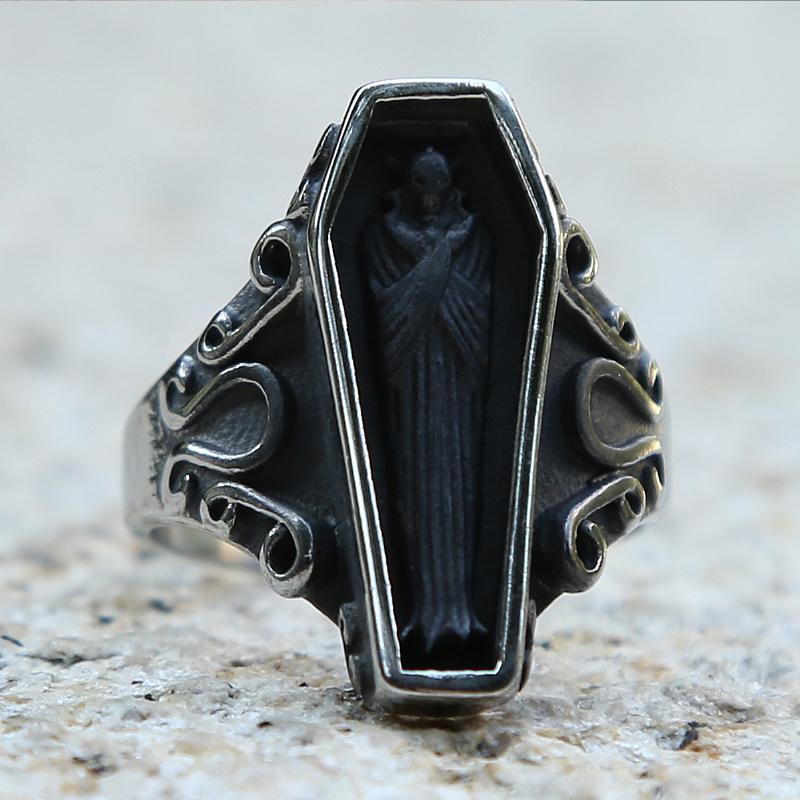 Unique Zombie Vampire Skull Biker Ring Men Boys Black Stainless Steel Punk Coffin Rings